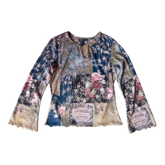 y2k boho fairy patchwork faux suede flare sleeve blouse top by one world - Picture 9 of 9